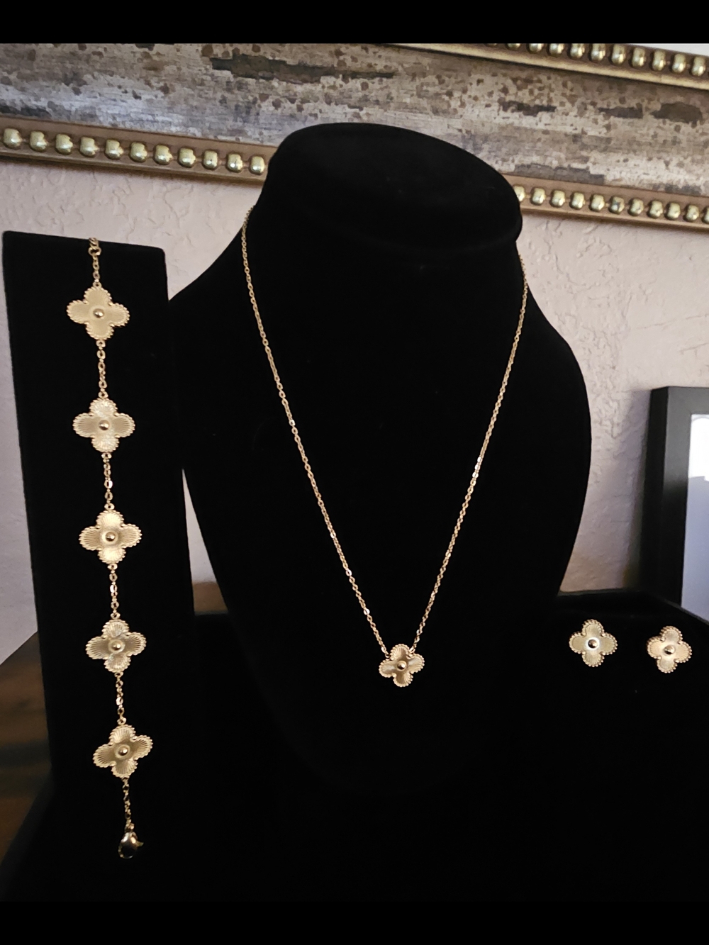 Gold Floral Clover Necklace, Bracelet & Stud Earrings Set - Picture 1 of 1